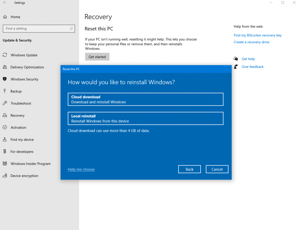 Windows 10 cloud download feature in Reset this PC (Image Credit: Microsoft)