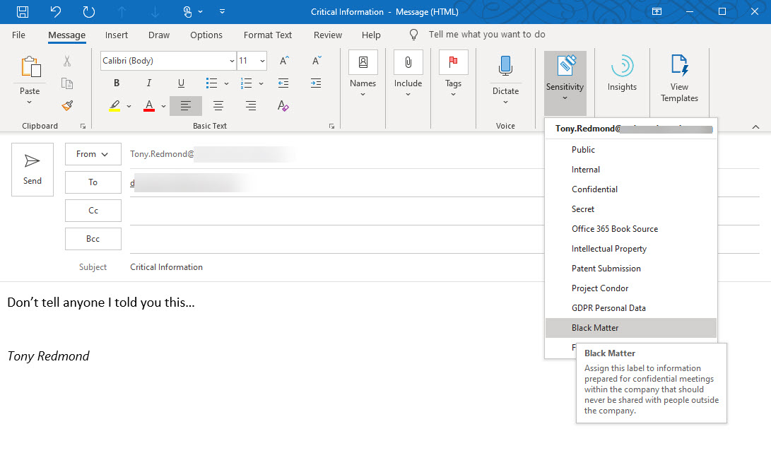 Outlook Sensivity Label
