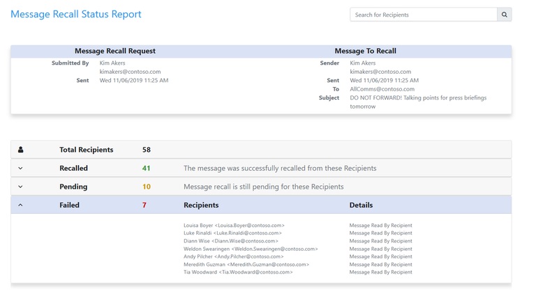 An early version of a Message Recall Request status report