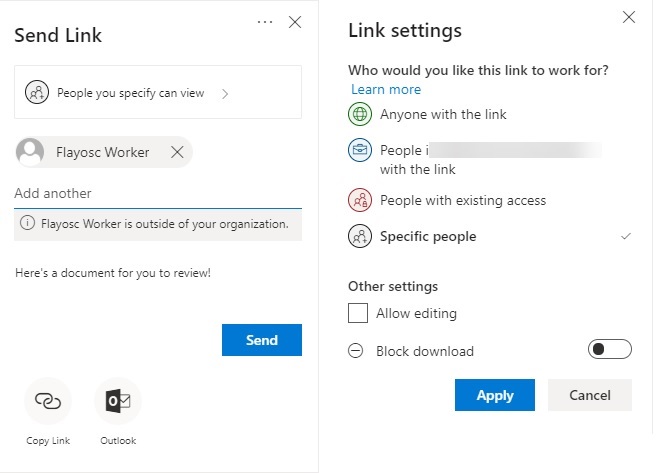 A sharing link created by OneDrive for Business