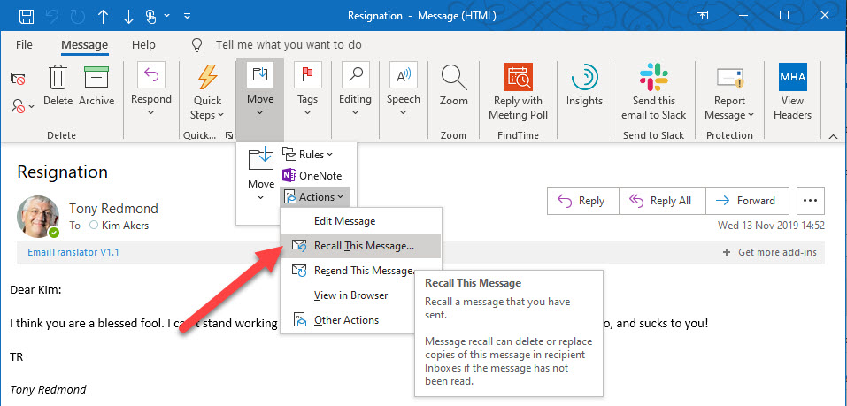 The Outlook desktop Recall This Message option