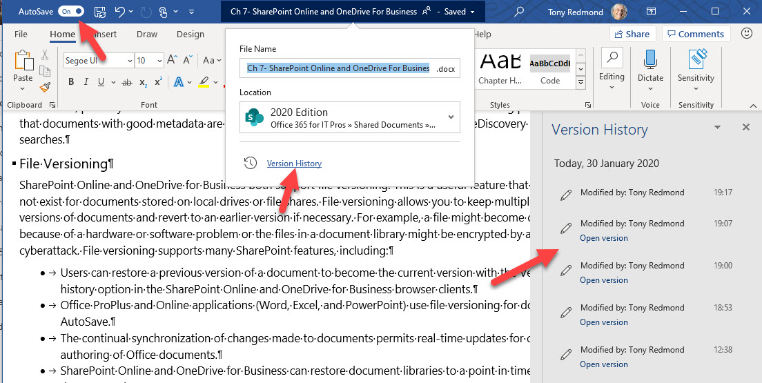 AutoSave features in Word