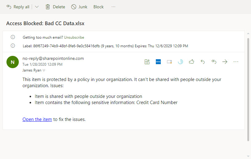 DLP detected a problem in a SharePoint file and notifies the user by email