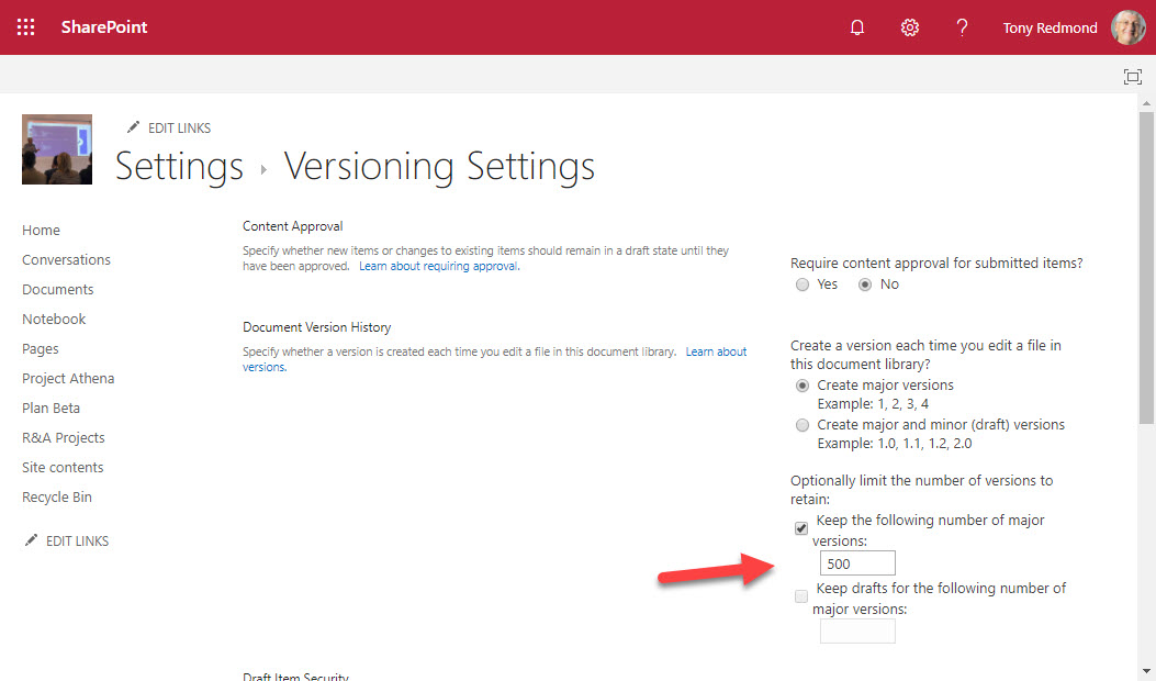 Versioning settings for a SharePoint Online document library