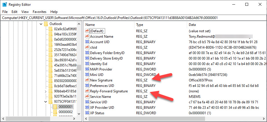 Registry settings for Outlook signatures