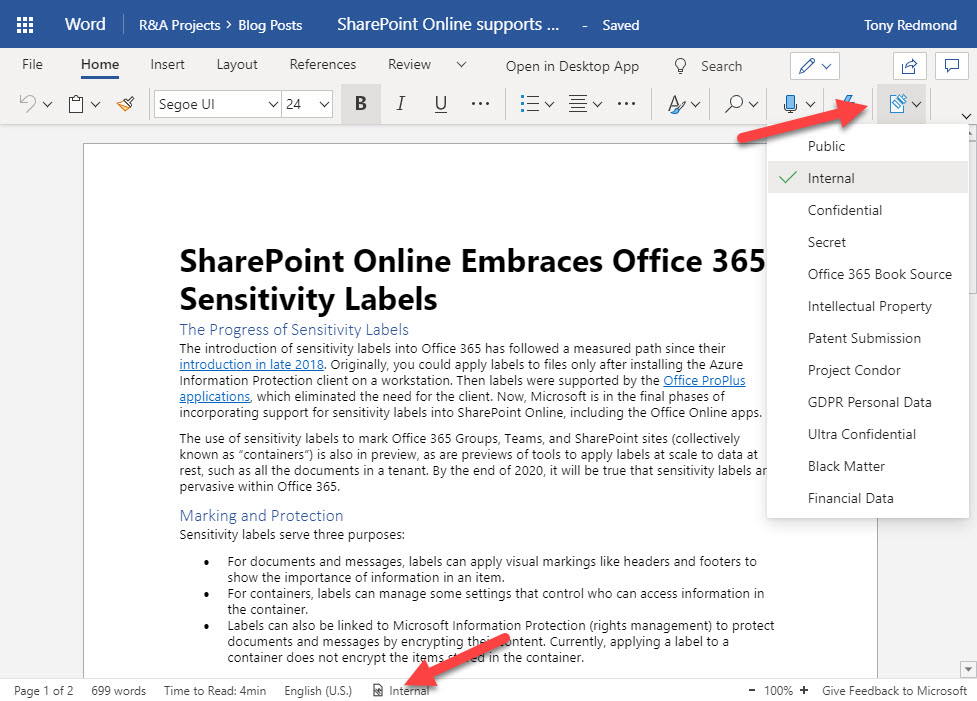 Working with a protected document using Word Online