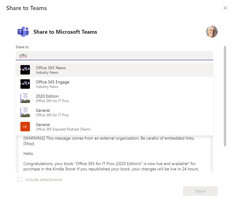 Selecting a target channel for sharing from Outlook 