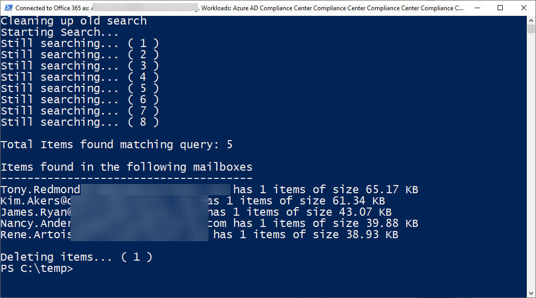 Running an Office 365 content search and purge from PowerShell
