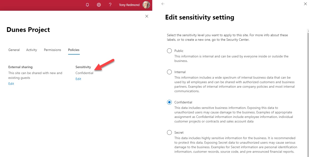 Using the SharePoint Admin Center to edit the sensitivity label assigned to a site