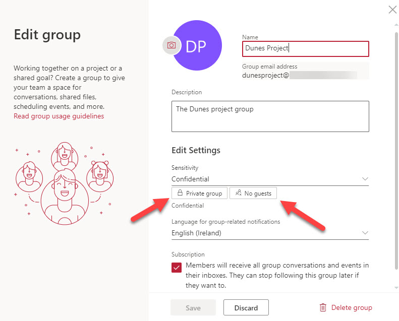 The assigned Sensitivity Label controls group settings