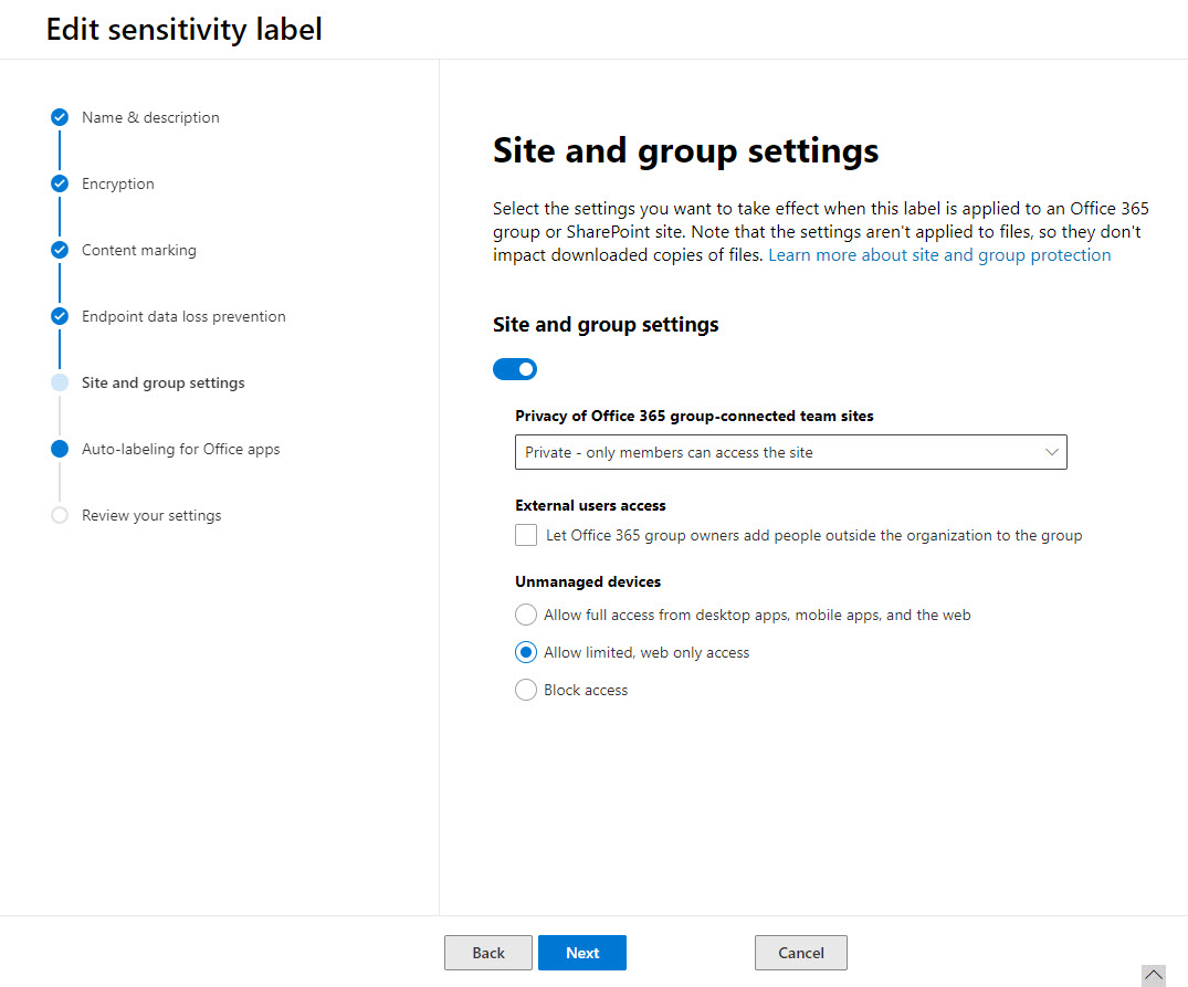 Editing the Site and Groups settings for an Office 365 Sensitivity Label