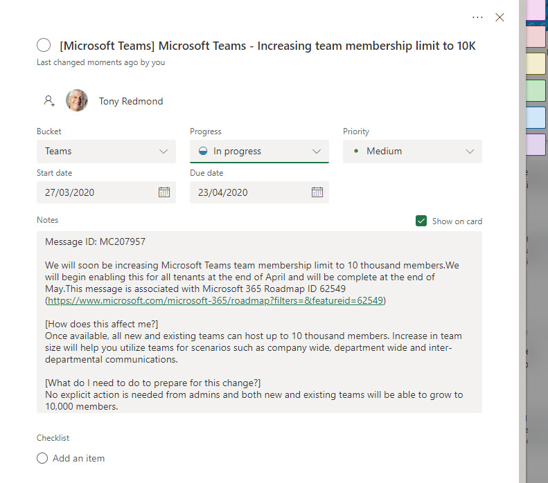 Planner Task created from Office 365