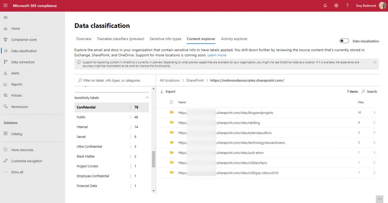 Content Explorer Locations Sensitivity Labels