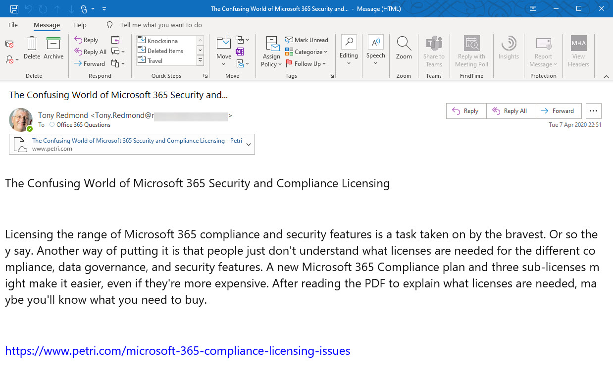 Yammer compliance item in Outlook