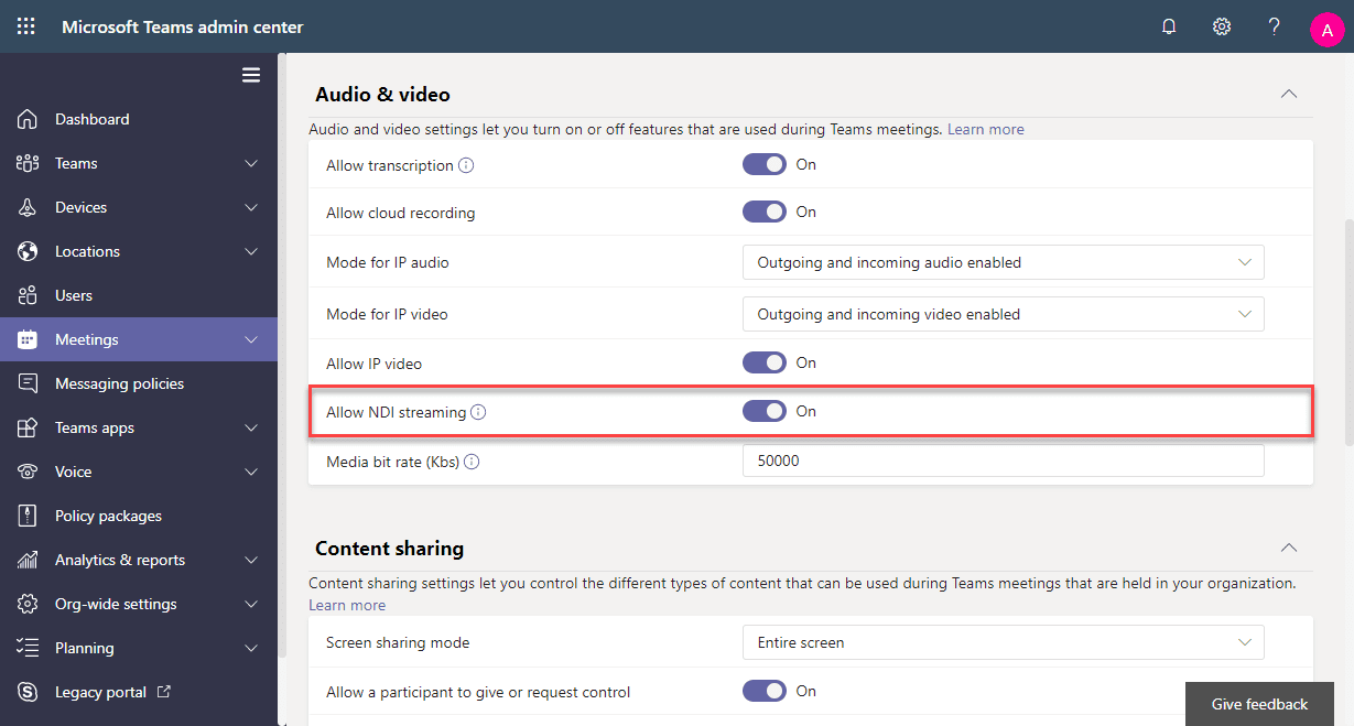 Figure 2 Enabling NDI streaming in the Teams Admin Center