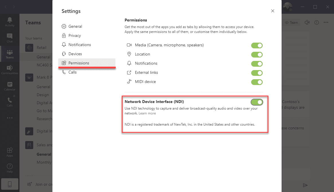 Figure 3 Enabling NDI in the Teams Client