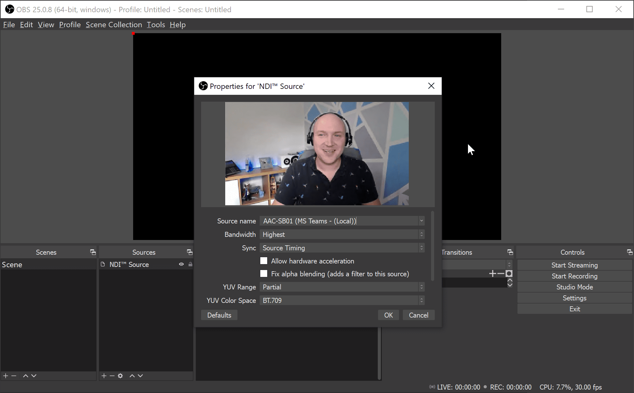 Figure 5 Adding an NDI Source for a Teams meeting in OBS