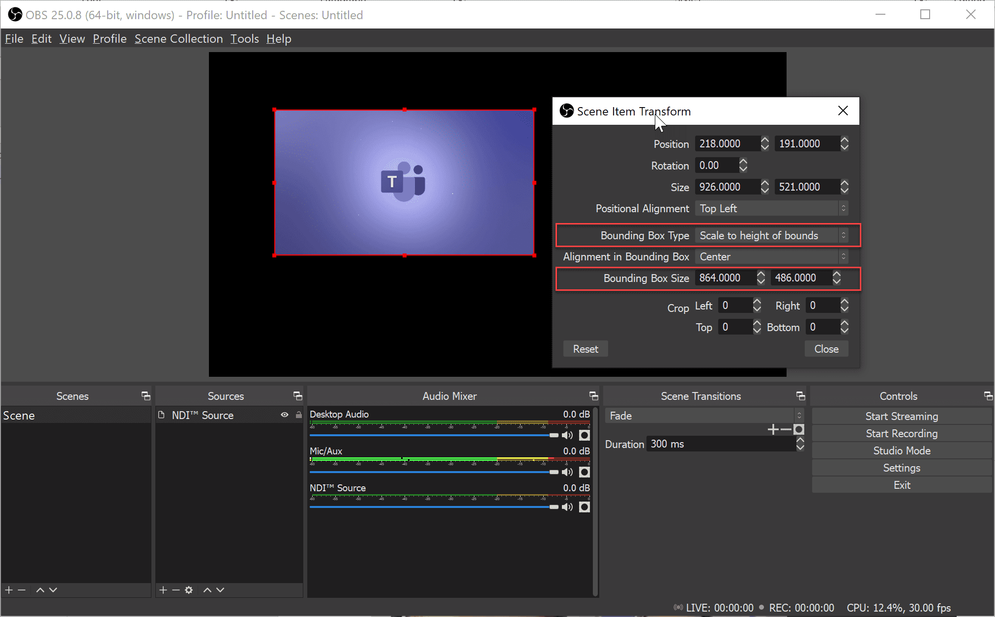 Figure 6 Configuing a Transform to ensure a NDI feeds remain a consistent size