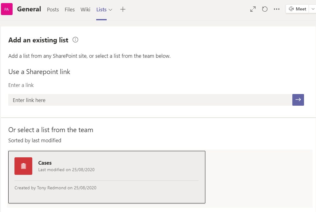 Add an existing list to a Teams channel
