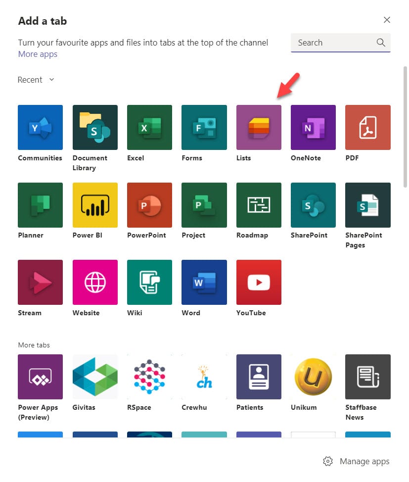 Selecting the Lists app for Teams to add to a channel