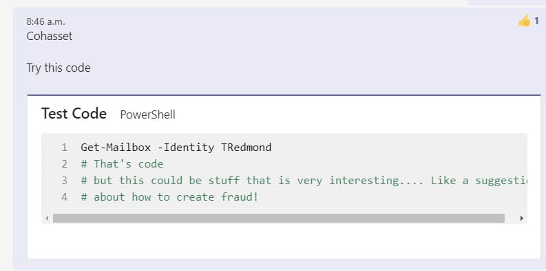 Teams compliance item code snippet chat