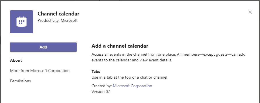 Add the Channel Calendar app to a Team standard channel