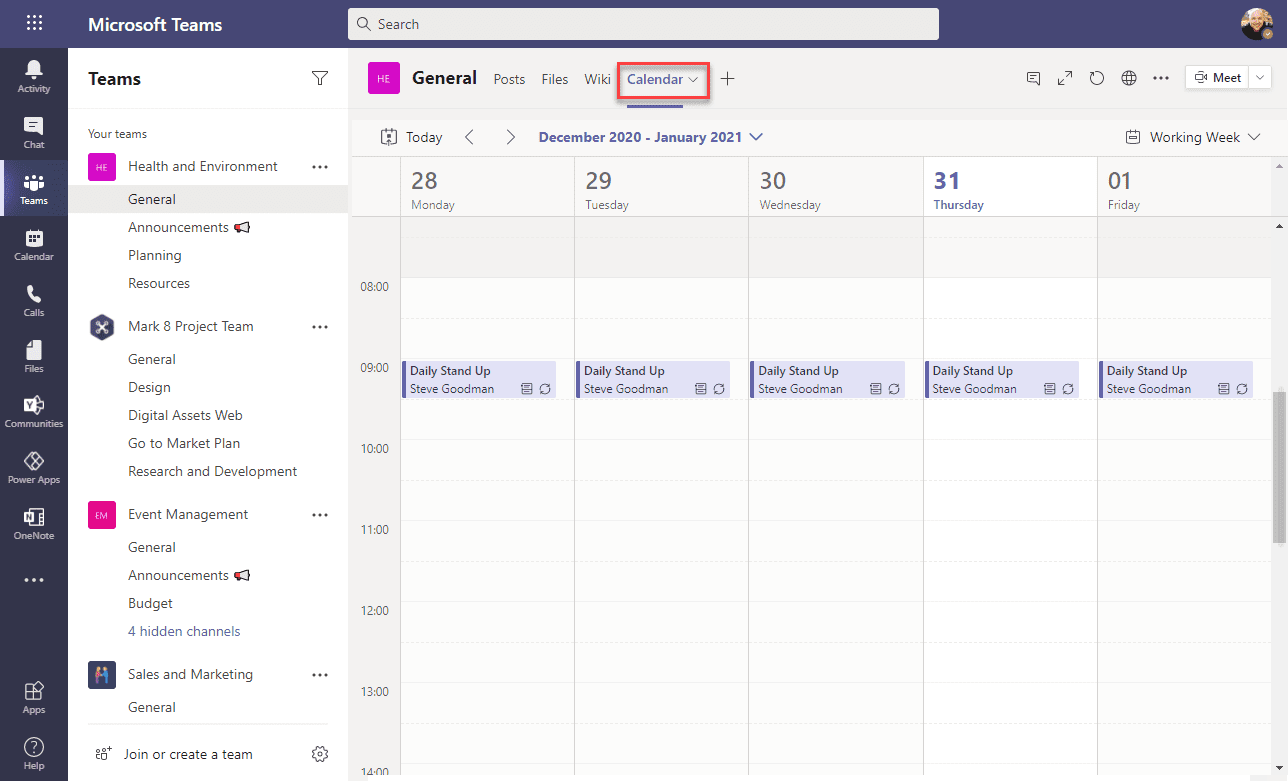 Using the Channel Calendar App in a Teams Channel