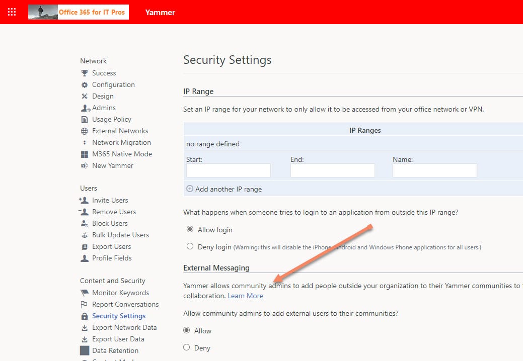 Yammer Invite Guest Security Settings