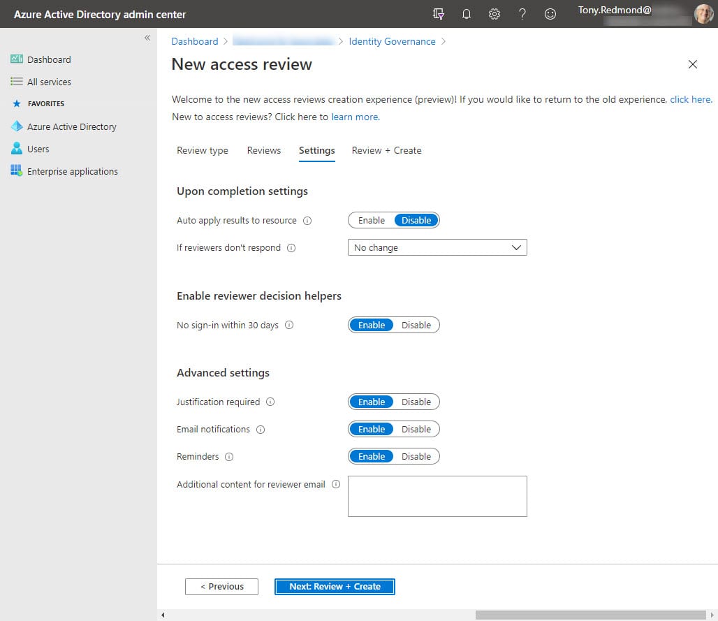 AAD Access Review Teams Settings