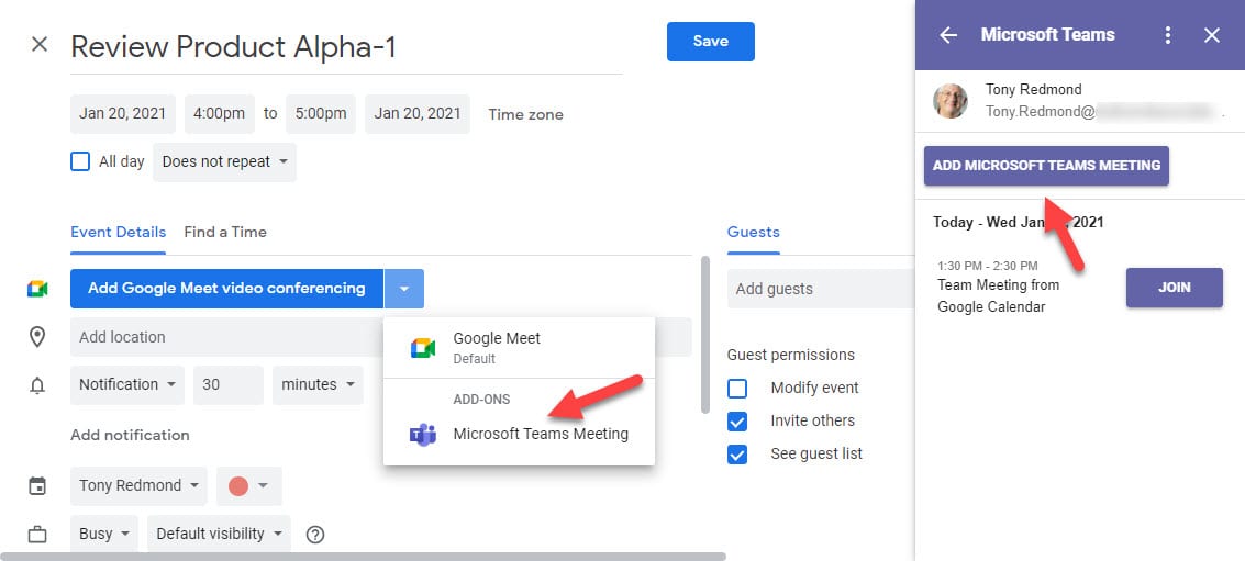 Teams Meeting from Google Calendar New Meeting