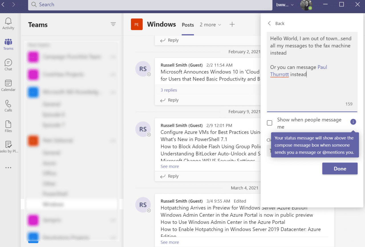 set up out of office message on teams