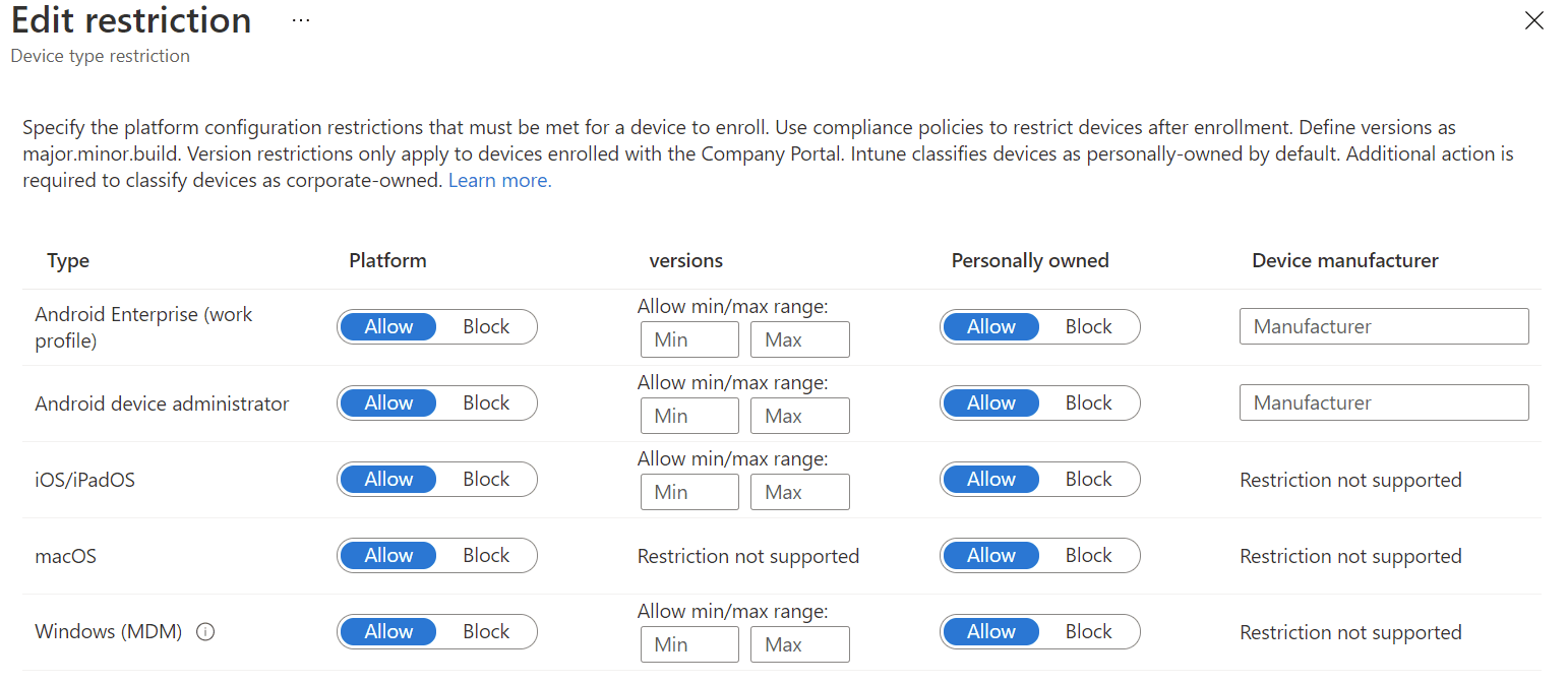 02 Intune enrolment restrictions device type