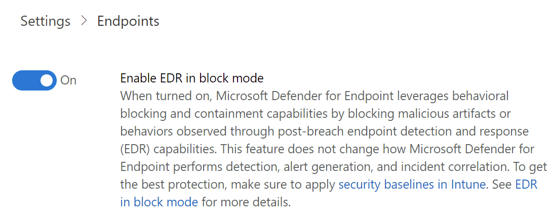 EDR in block mode defender for endpoint settings