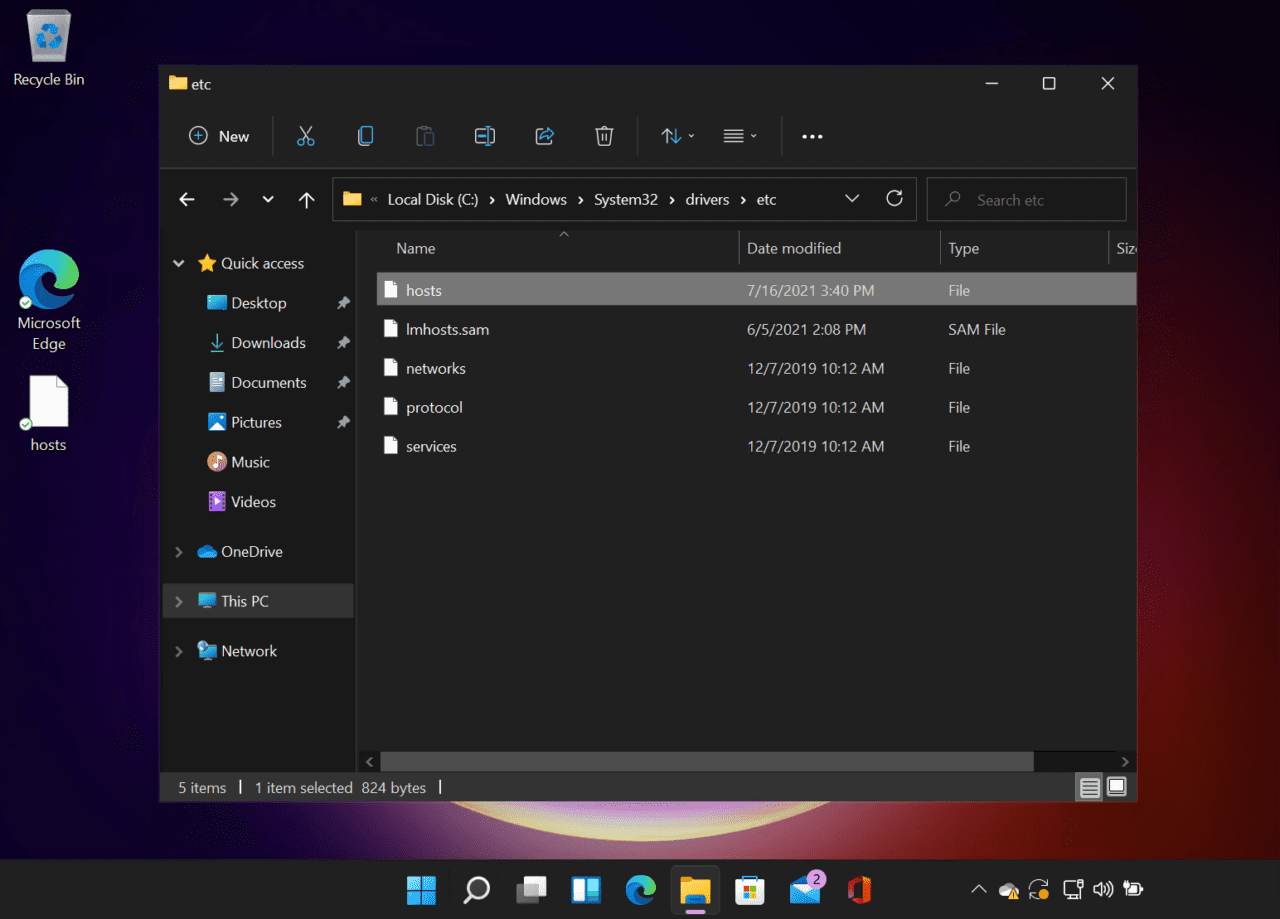 The hosts file in File Explorer