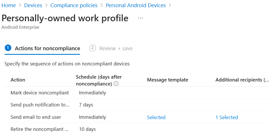 Choose the actions for non-compliant devices.