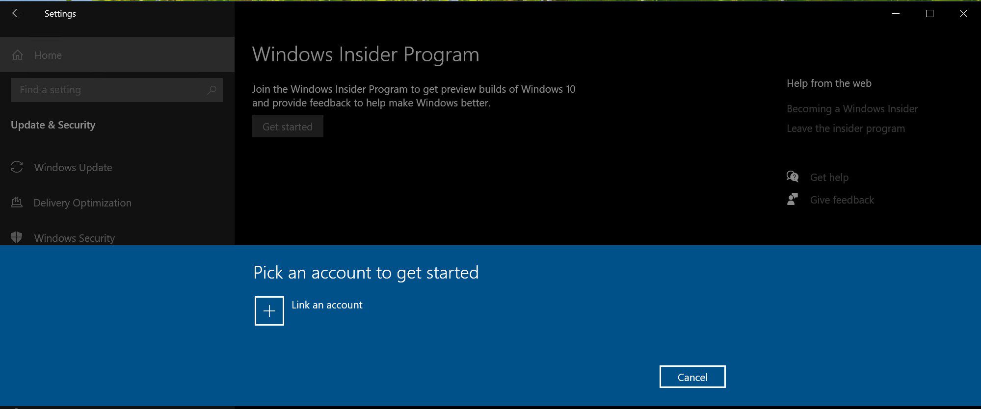 Pick an account to link to the Windows Insider Program
