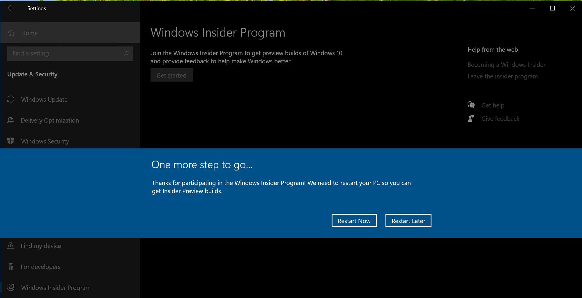 Need to reboot to get new Windows Insider builds