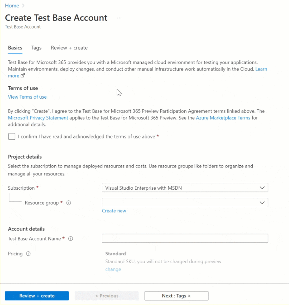 Create a Test Base account
