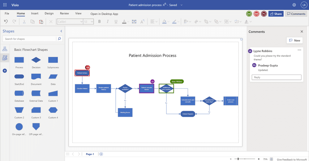Example of the coauthoring experience in Visio for the web