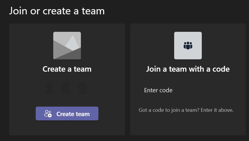 Click the Create team button