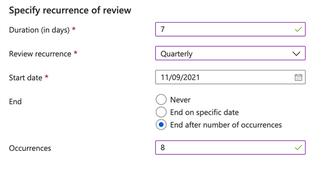Set the duration for completion and reoccurrence of the evaluation