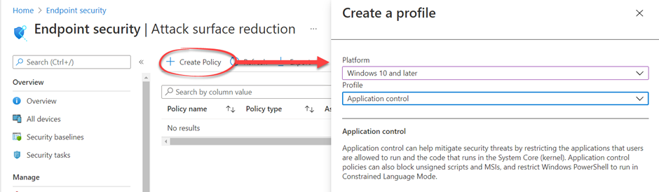 Create Attack Surface Reduction Policy, Application control profile
