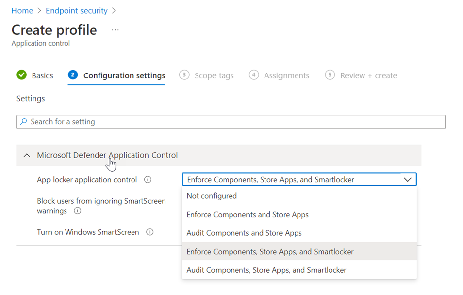 Defender Configuration Settings options