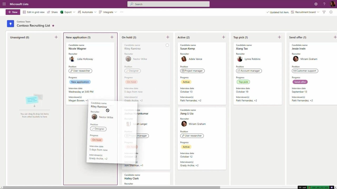 Vue du tableau Kanban de Microsoft Lists