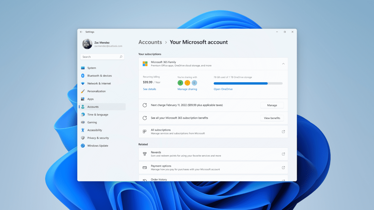 Microsoft Account settings can be updated in the Windows 11 Settings app