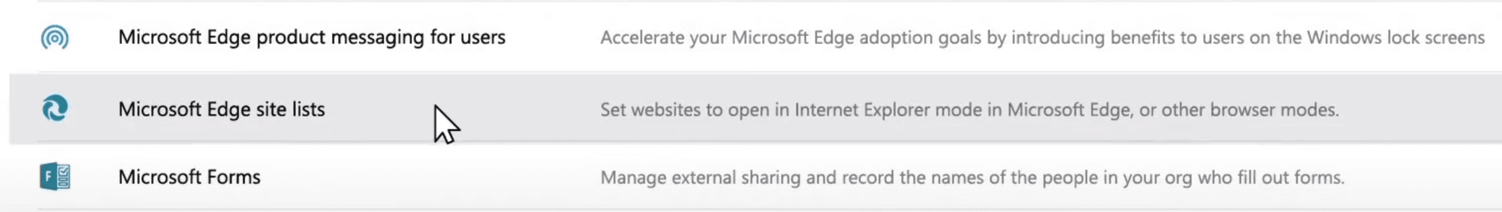 Org Settings - Microsoft Edge site lists