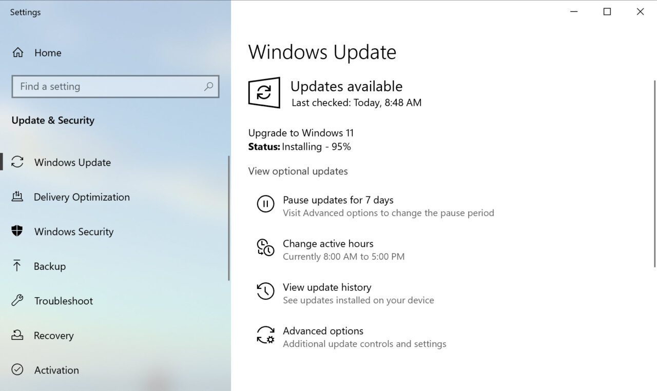 Downloading Windows 11 using Windows Update
