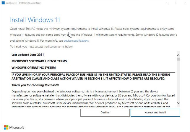 Windows 11 Installation Assistant license agreement