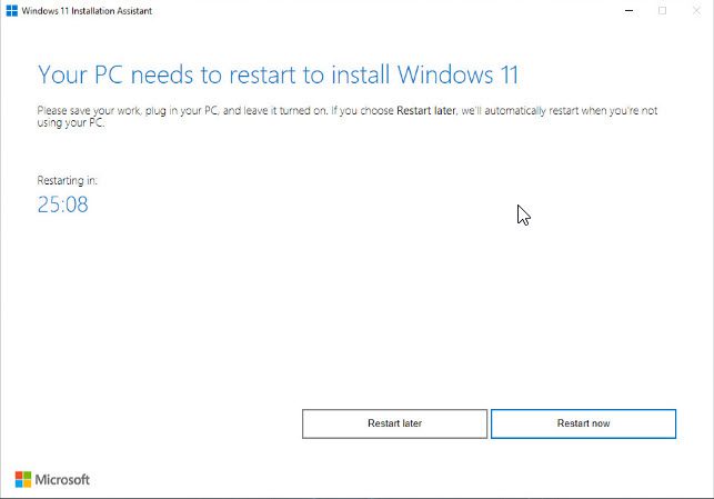 Windows 11 Installation Assistant restart dialog