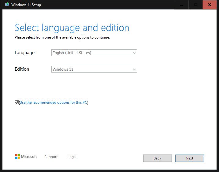 Windows 11 Media Creation Tool – Select language and edition